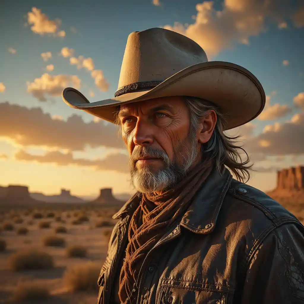 Retrato de vaquero curtido a la luz dorada y cálida del desierto