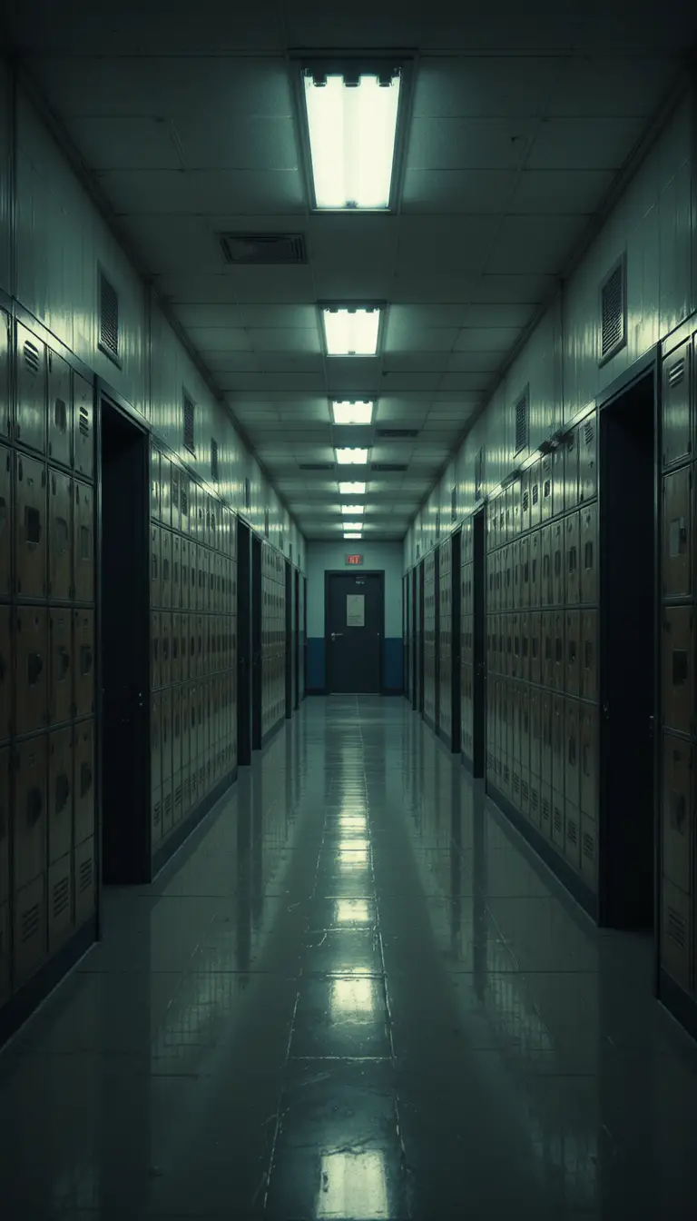 Empty school hallway at night with glowing fluorescent lights