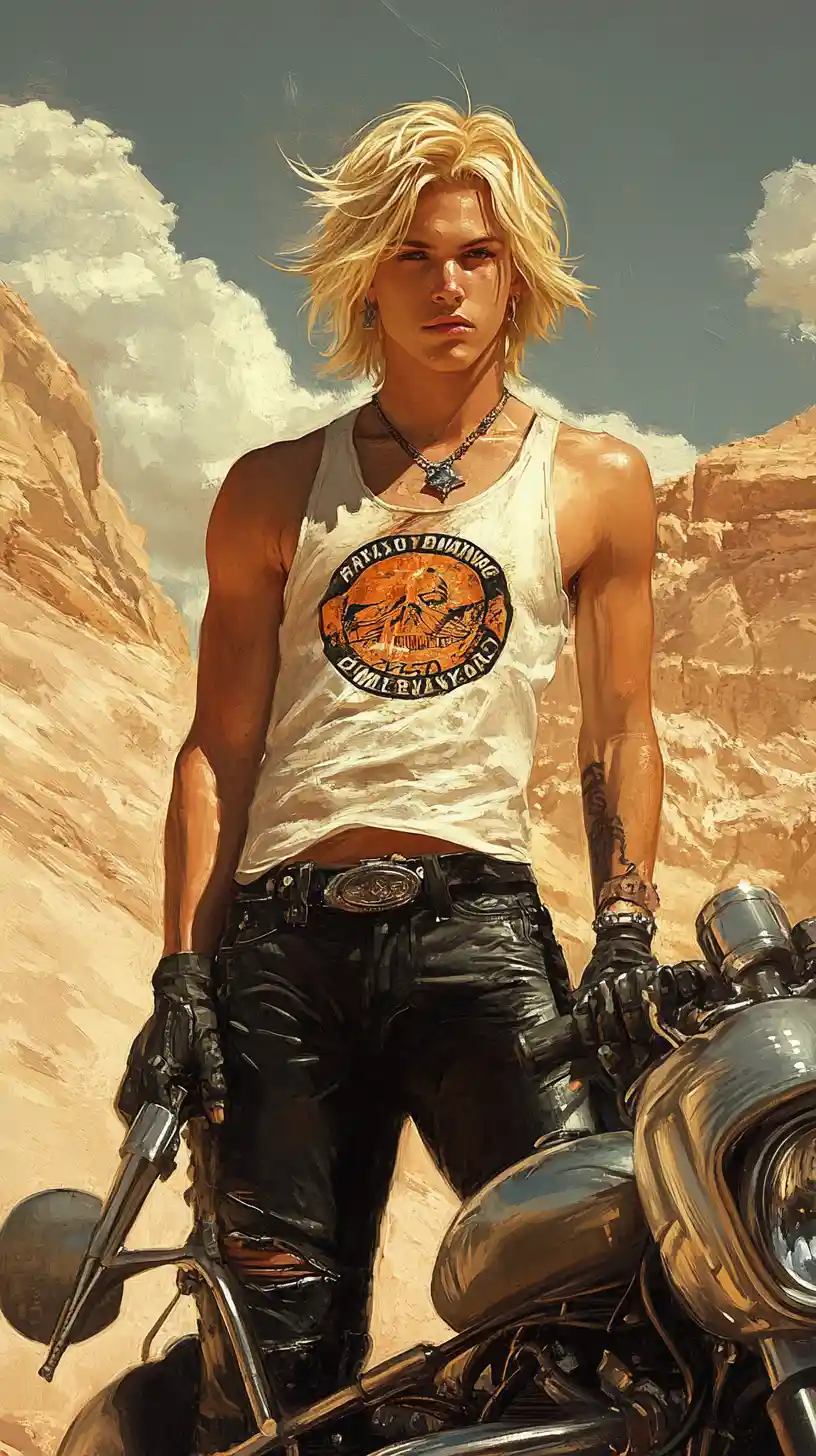 Young man with motorcycle in a desert painterly scene