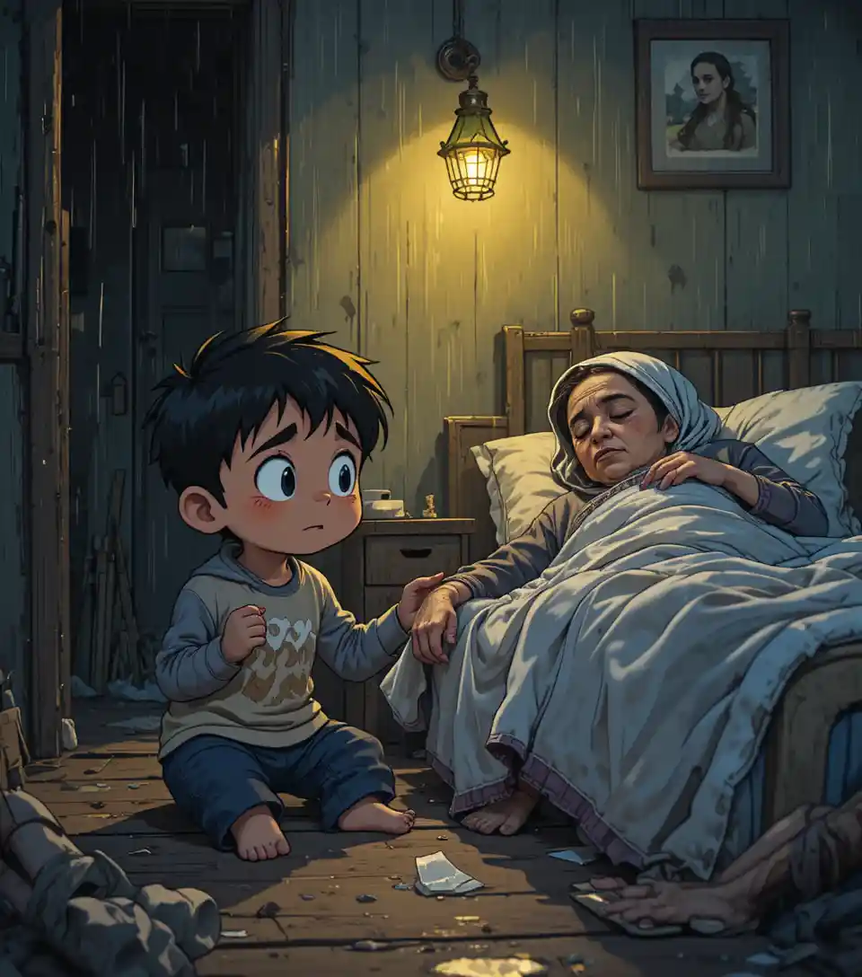 Small child holding his sick mothers hand in dim room