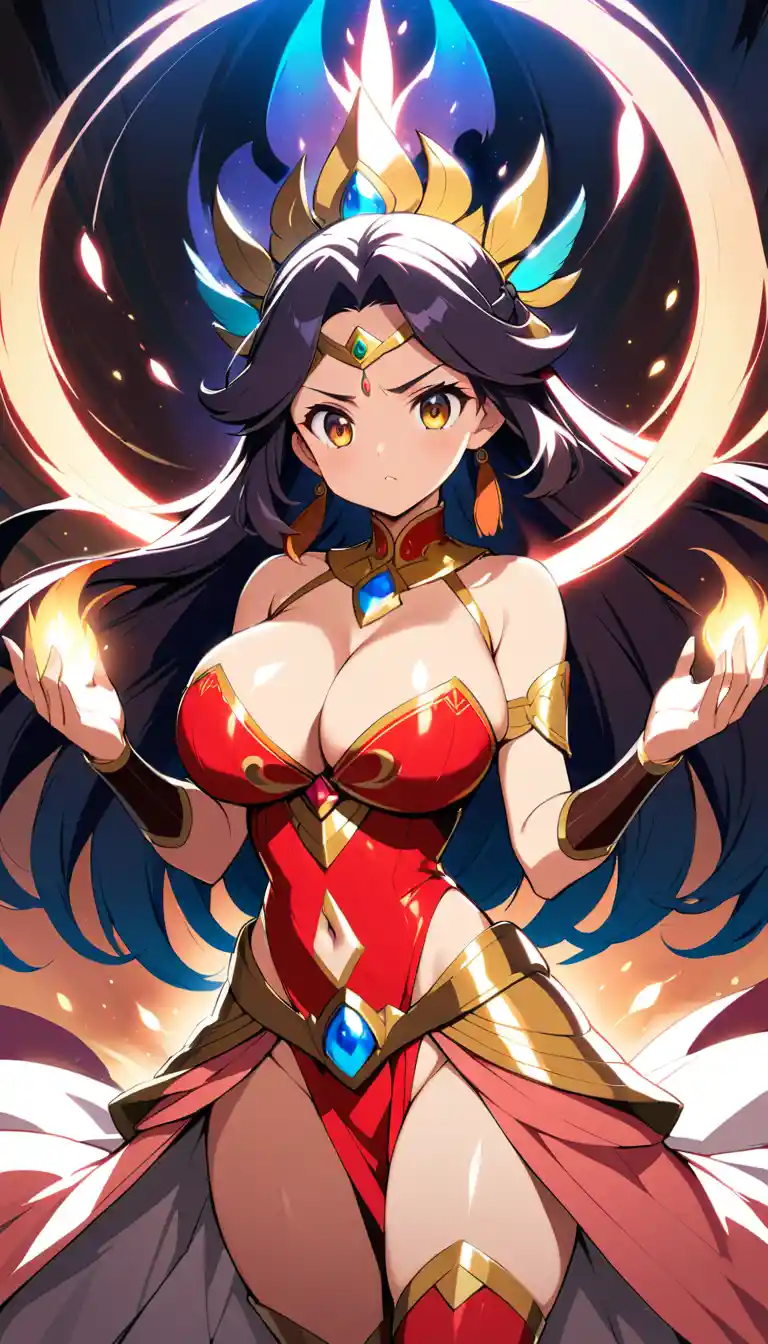 Anime indian warrior princess with glowing red magic power