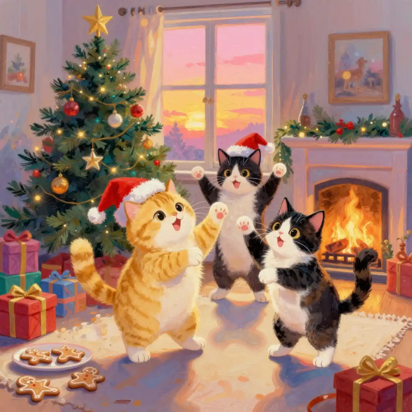 Three dancing Christmas cats in a cozy living room