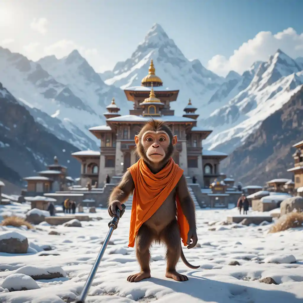 Mono tomándose una selfie frente a un templo nevado del Himalaya