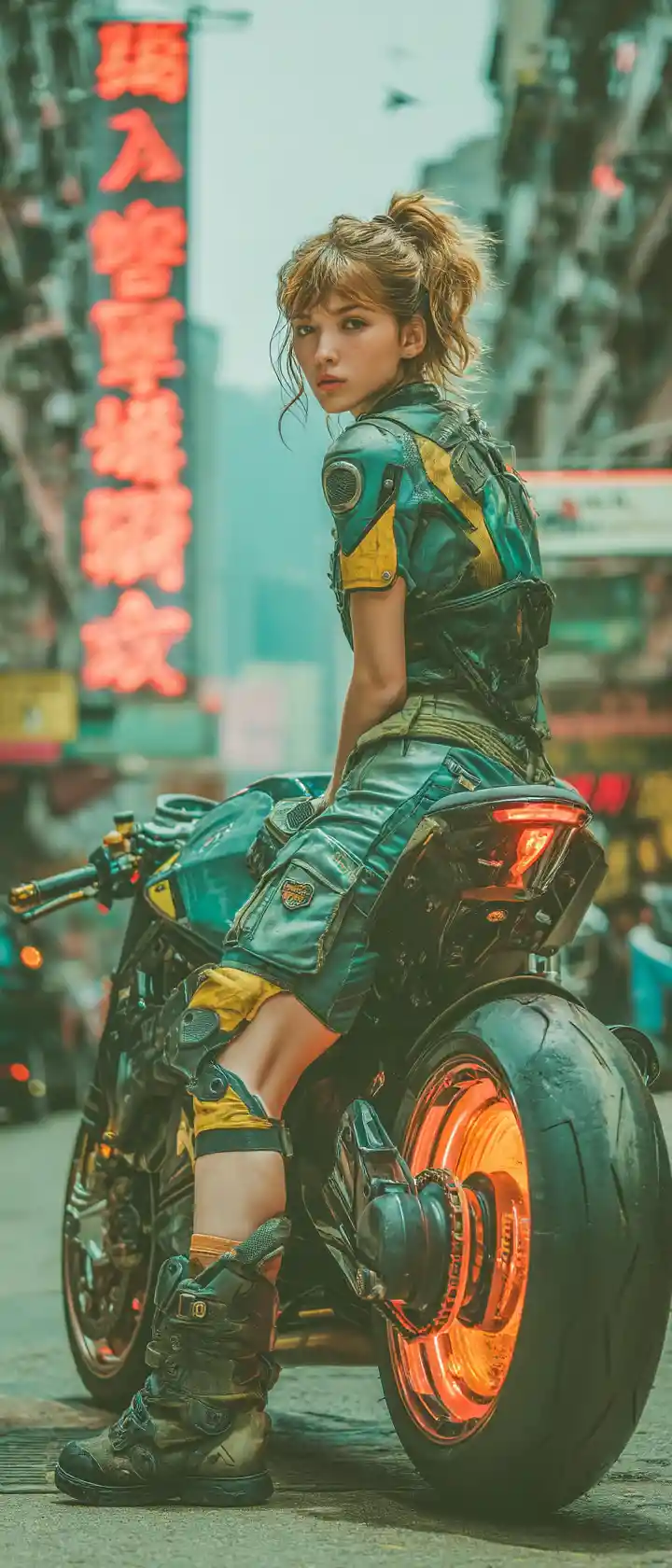 Young woman on futuristic motorcycle in neon city alley