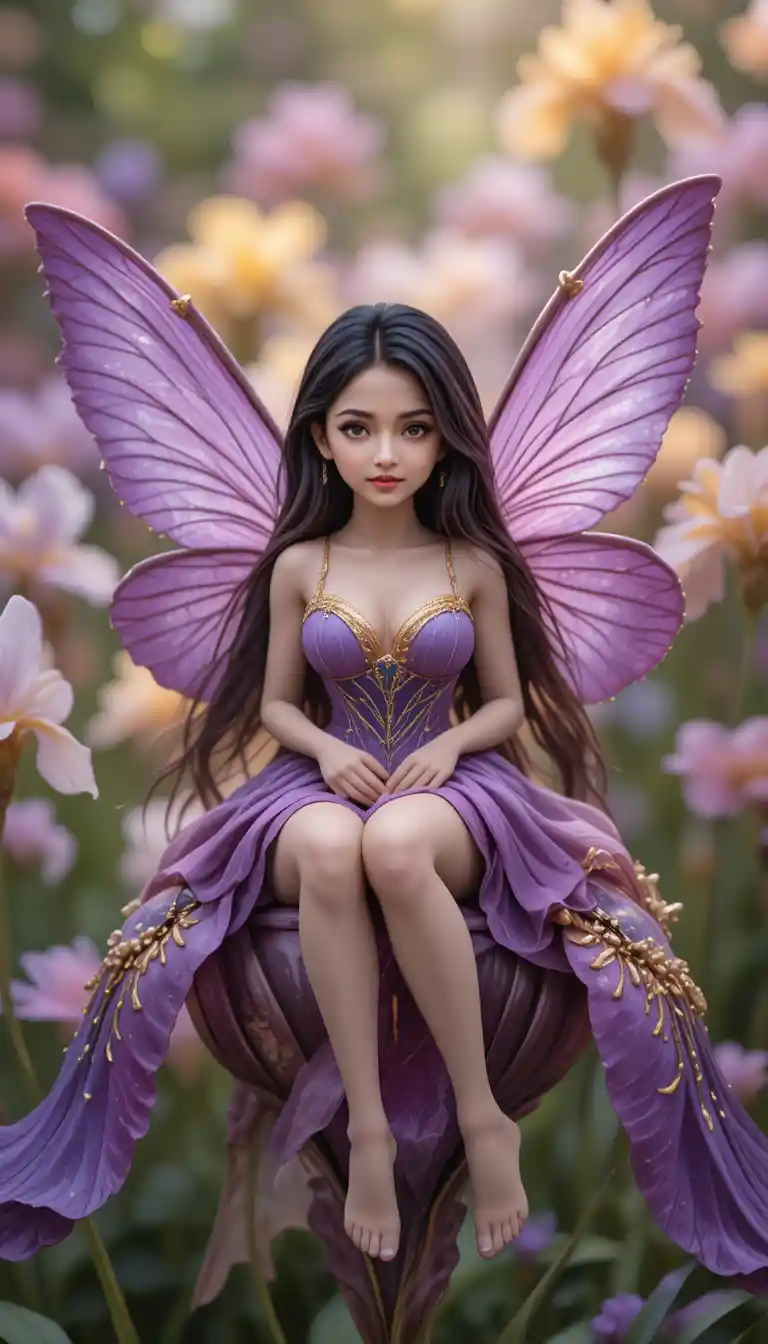 Tiny violet fairy woman resting on giant iris flower