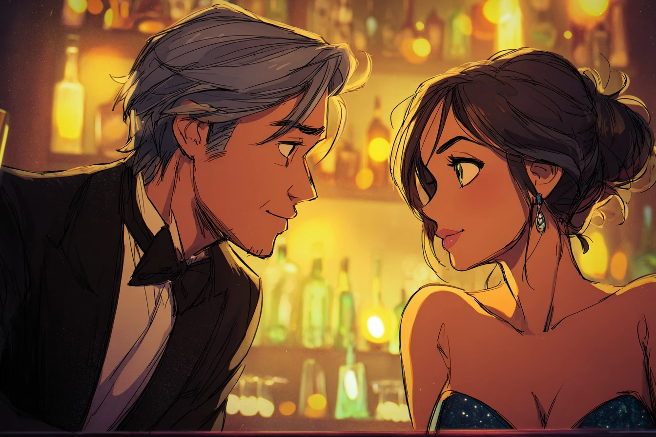 Coppia anime che si scambia il primo sguardo in un bar dalla luce soffusa