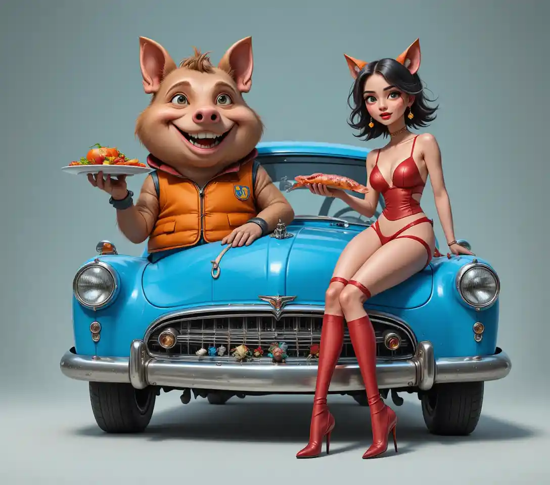 Anthropomorphic pig and cat eared girl with blue vintage car