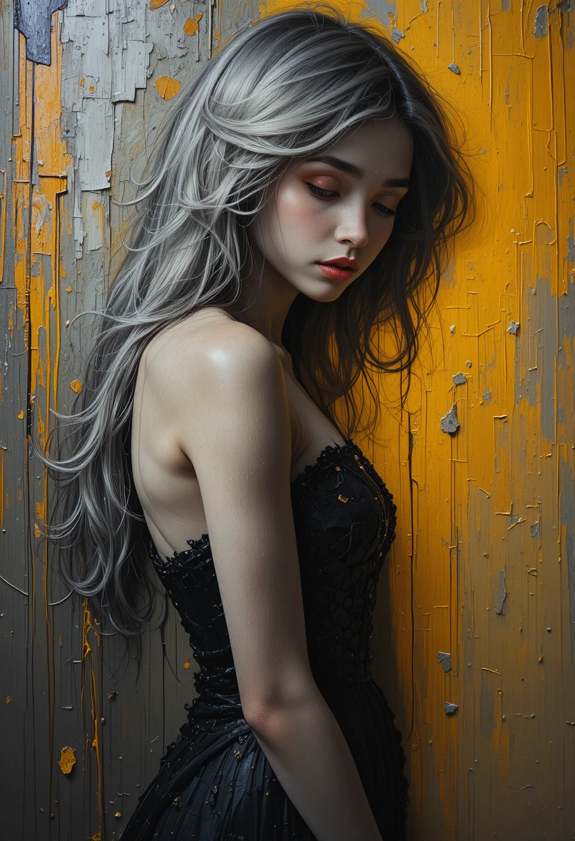 Contemplative woman in profile in textured oil painting