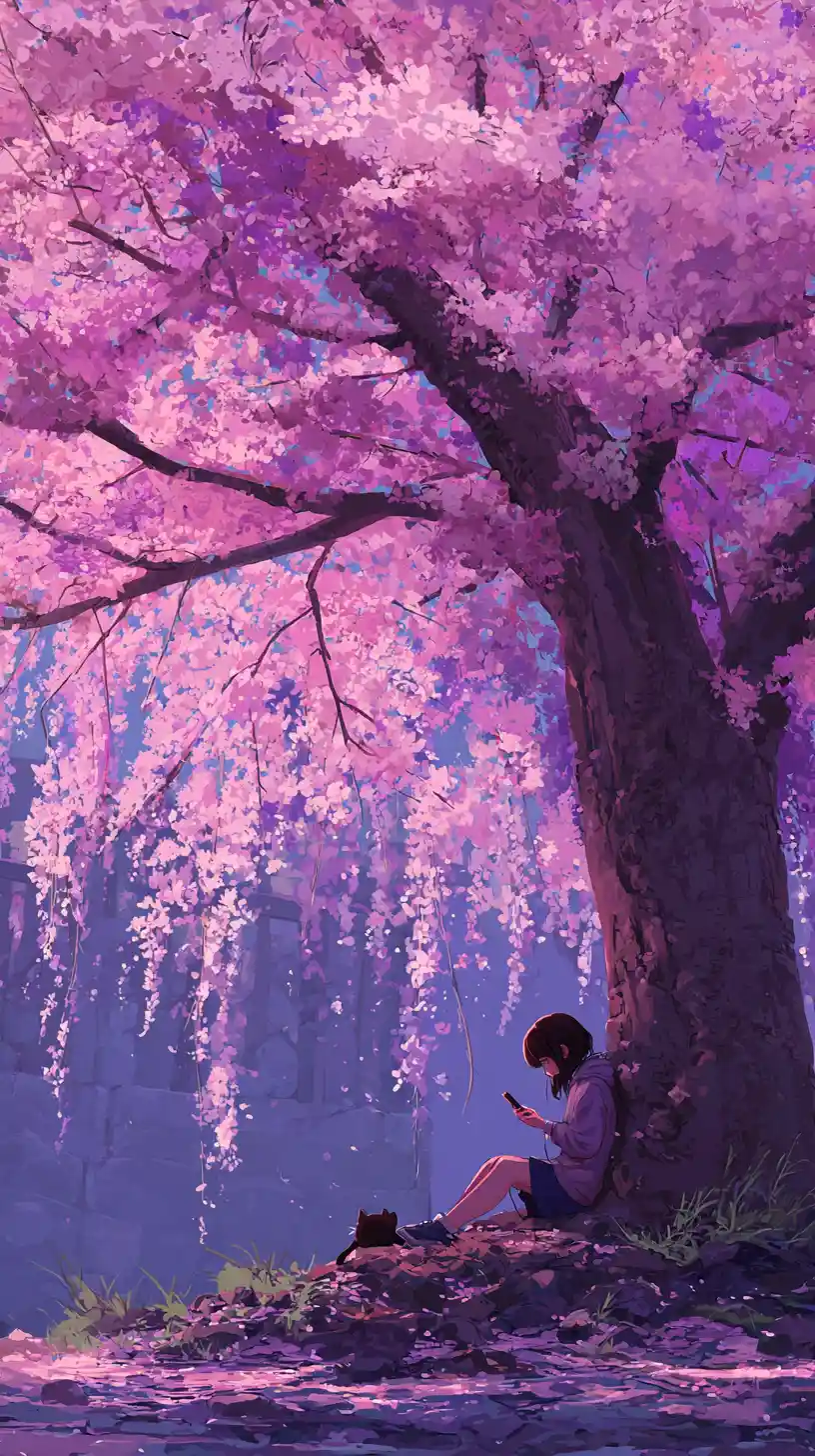 Sleeping cat under cherry tree with girl listening to music