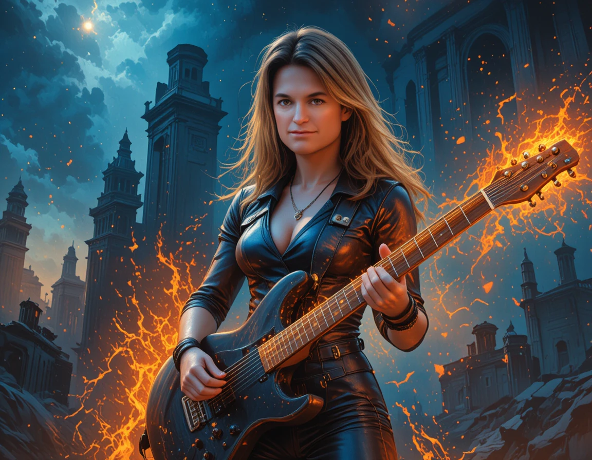 Guitarrista inspirada em Medusa em paisagem arruinada e tempestuosa