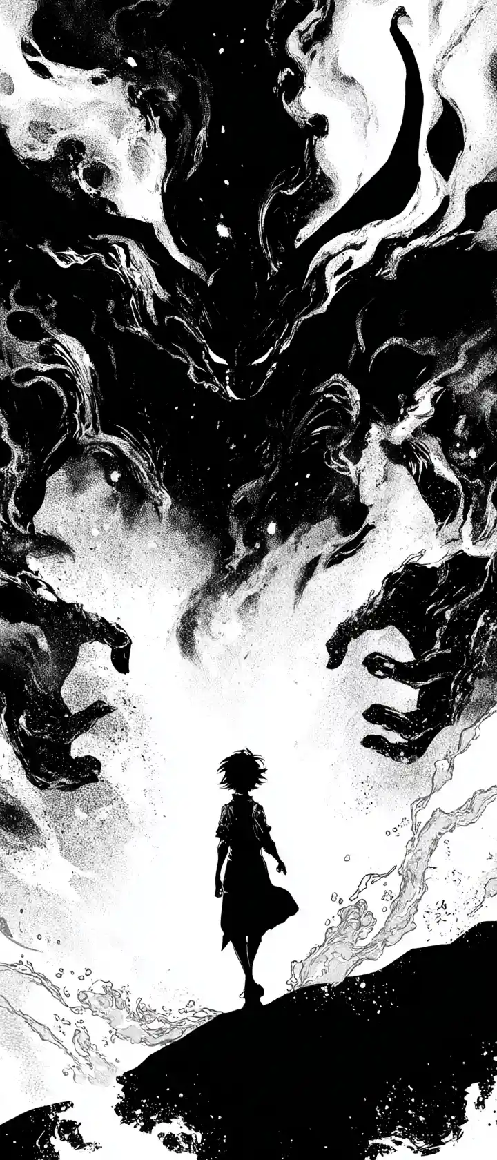Towering cursed spirit guarding a sleeping child in darkness