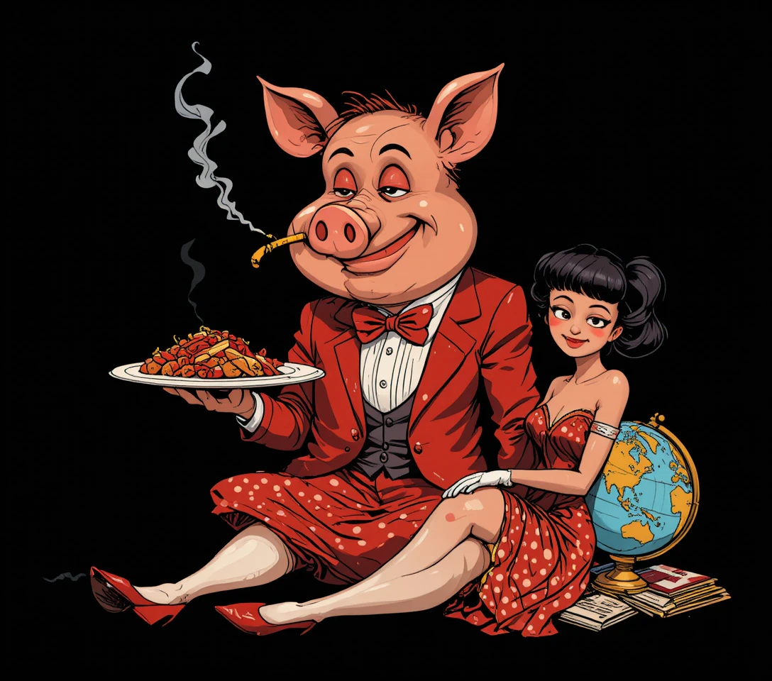 Retro digital drawing of a tuxedo pig with plate of food