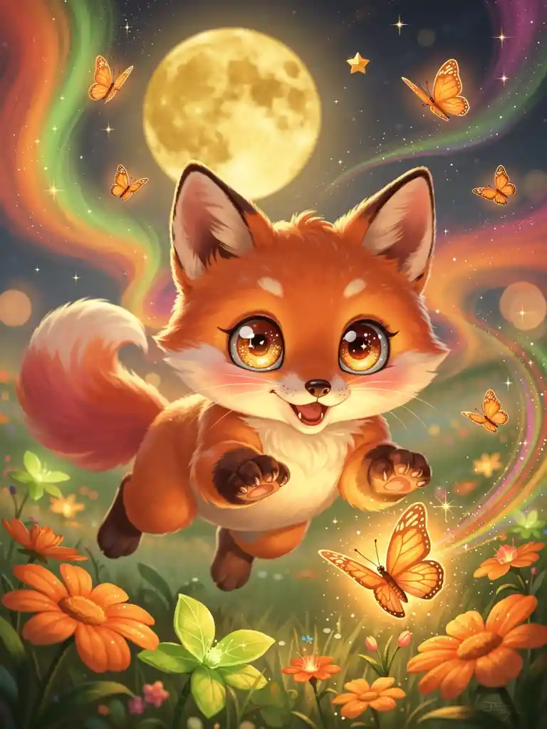 Cute baby fox pouncing on a glowing butterfly