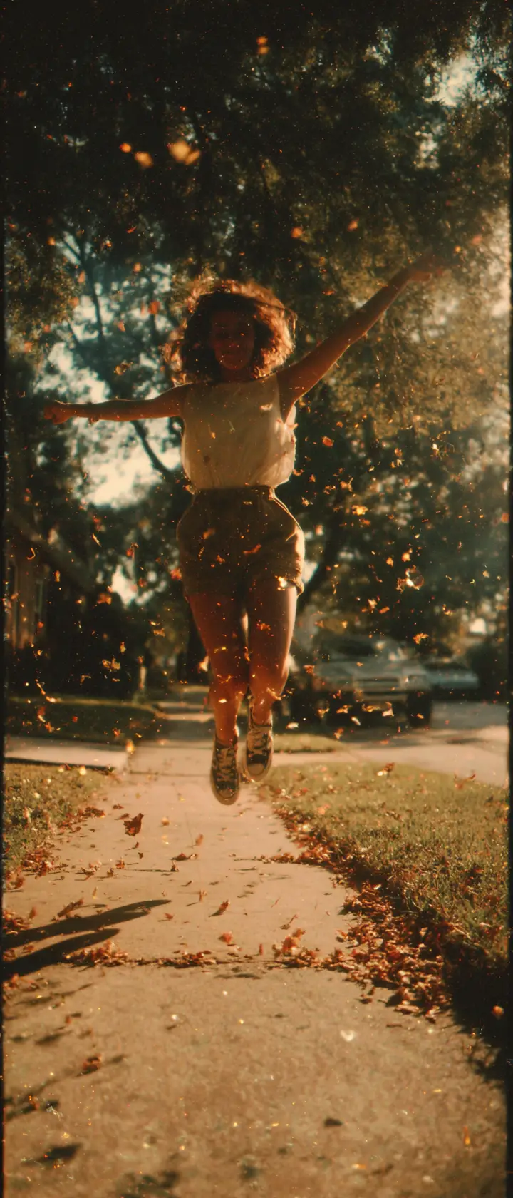 Girl leaping above a nostalgic 90s suburban street
