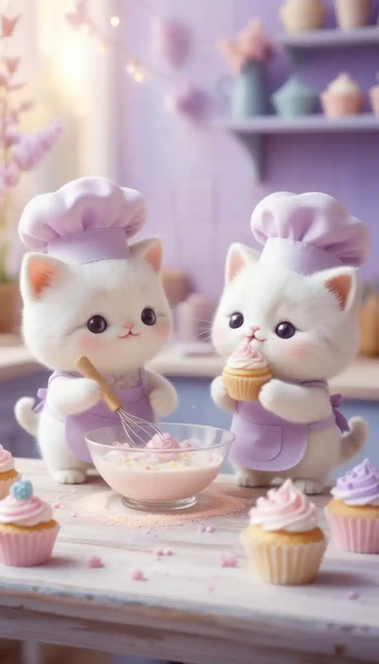 Kawaii kittens baking sweets in a magical pastel kitchen