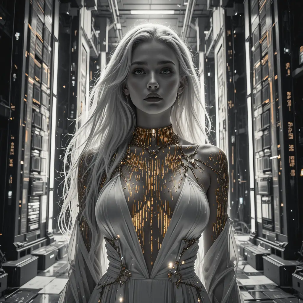 Futuristic heroine in a glitch noir server cathedral