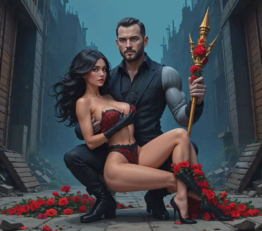Man holding a female skeleton beside an ape like humanoid