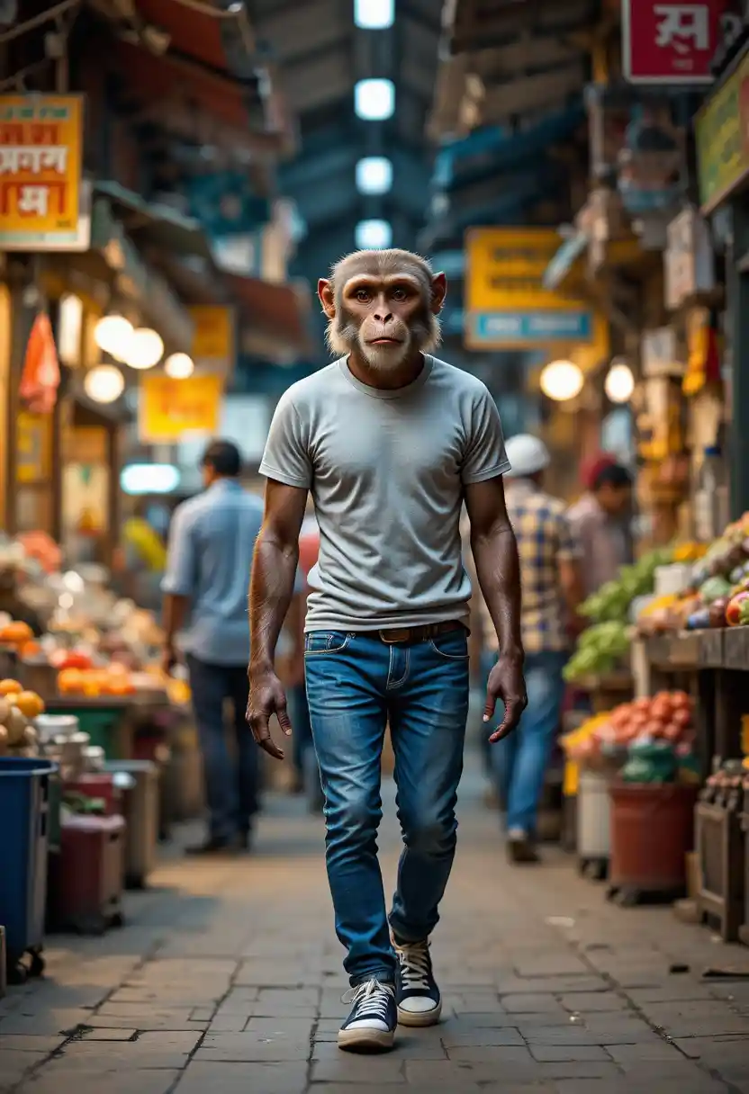Monkey walking upright through a colorful Indian market