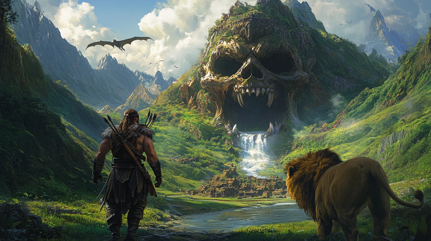 Barbarian And Lion Entering A Lush Jungle Valley