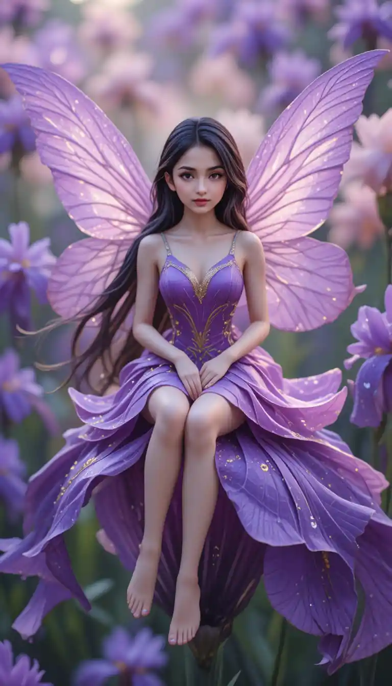Tiny winged fairy woman on a giant purple iris throne