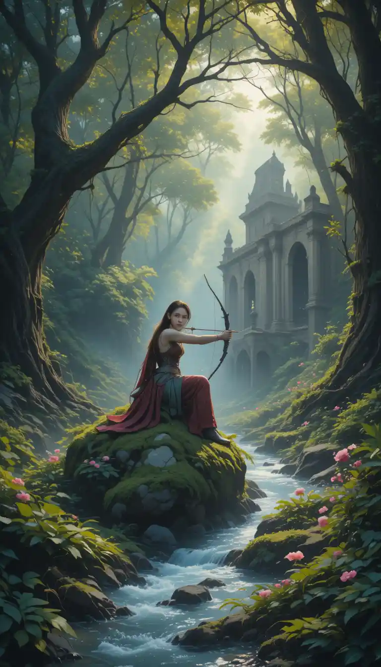 Elven archer resting on mossy rock in glowing forest