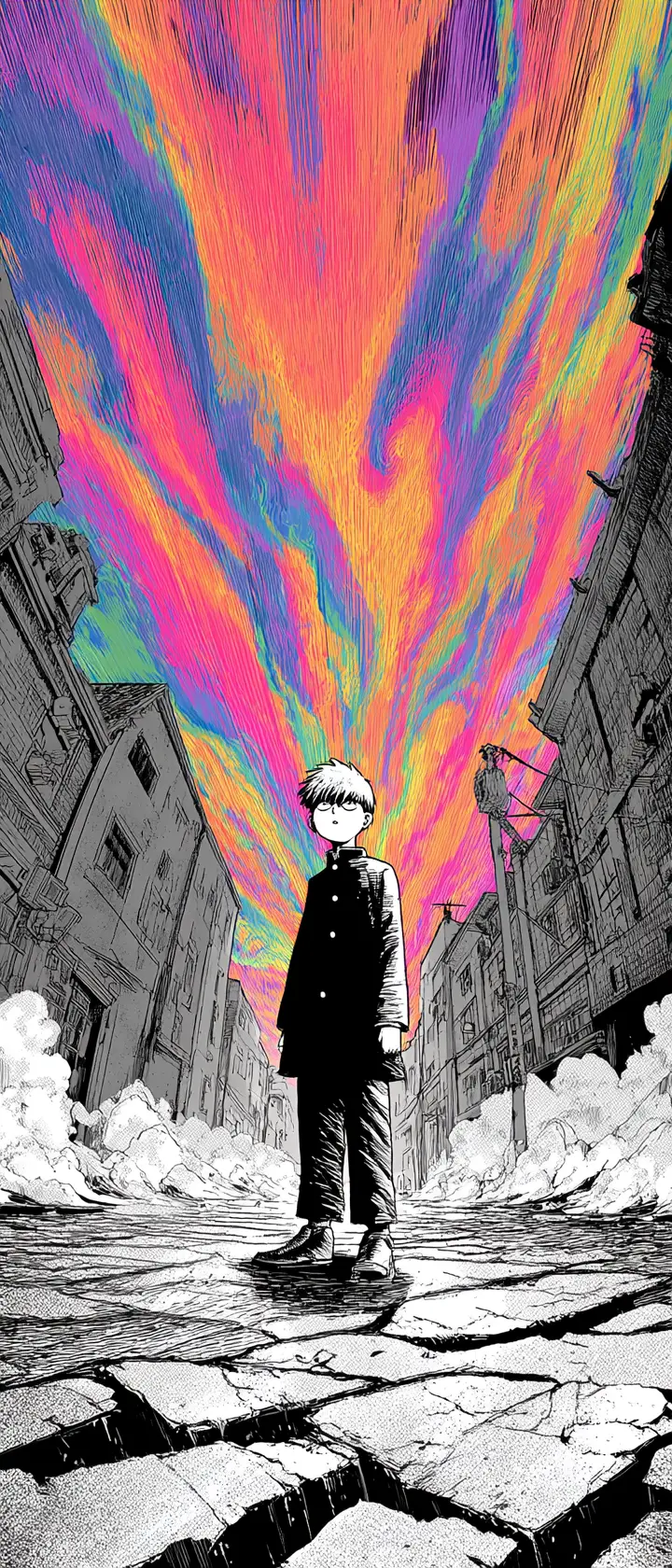 Calm anime boy before massive psychic energy wave