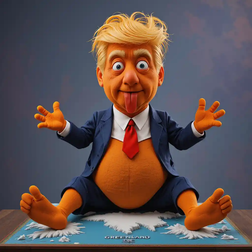 Grotesque puppet caricature of a smug man on Greenland