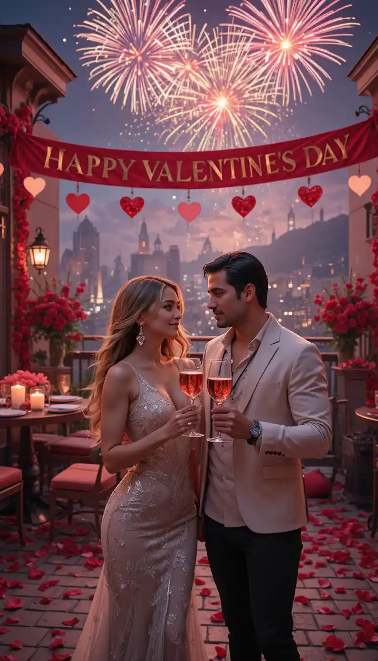Couple romantique portant un toast lors d’une fête de la Saint-Valentin sur un rooftop