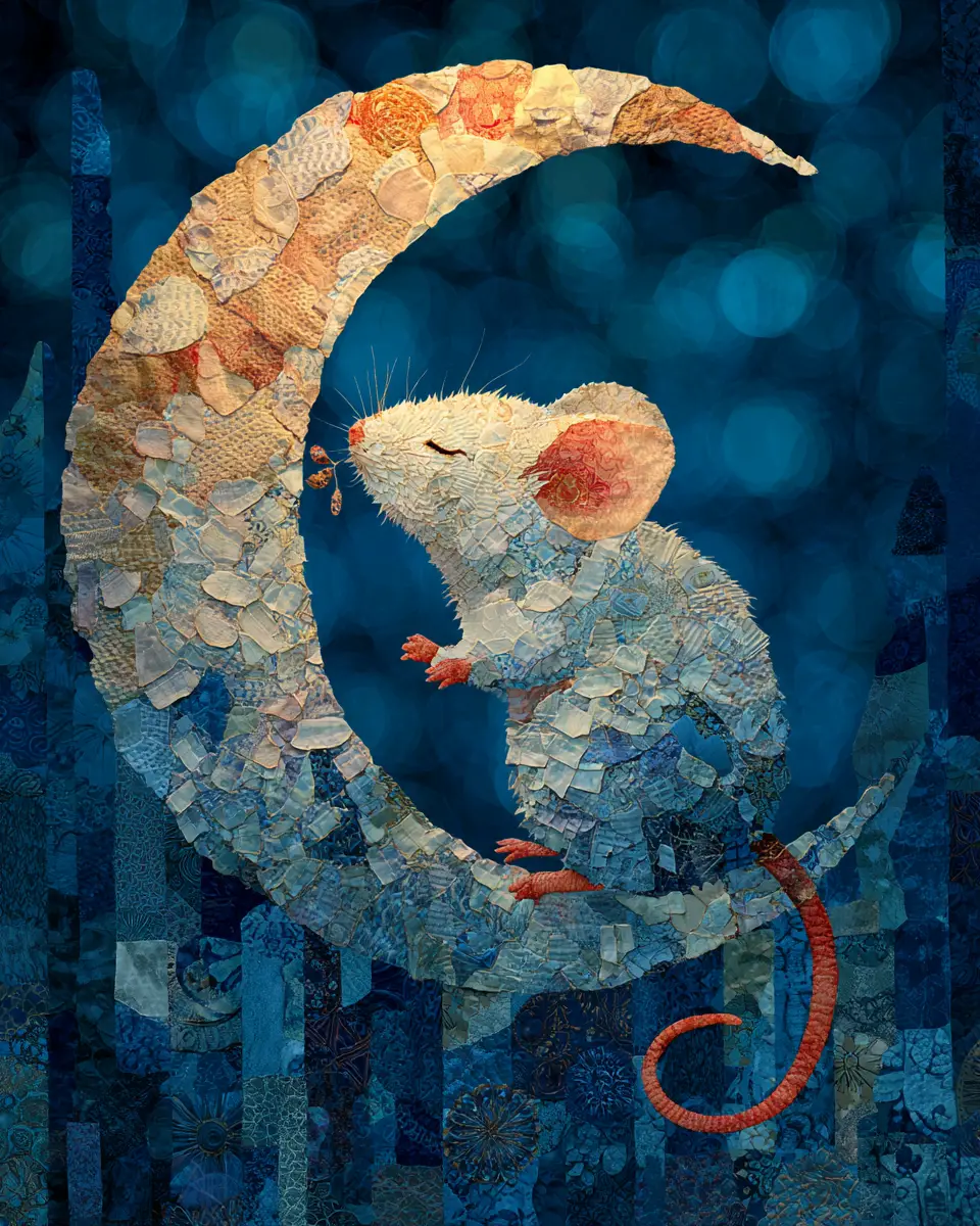 Whimsical Mouse Nibbling A Cheese Moon Fabric Collage