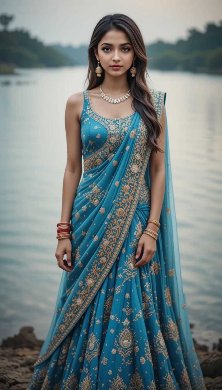 Indian woman in blue lehenga standing by a calm lake