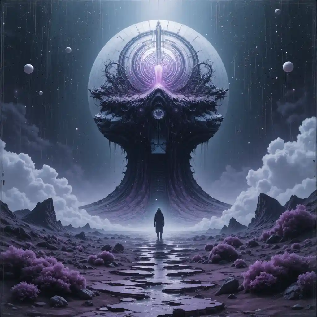 Surreal cosmic landscape with subtle alien presence and glitches