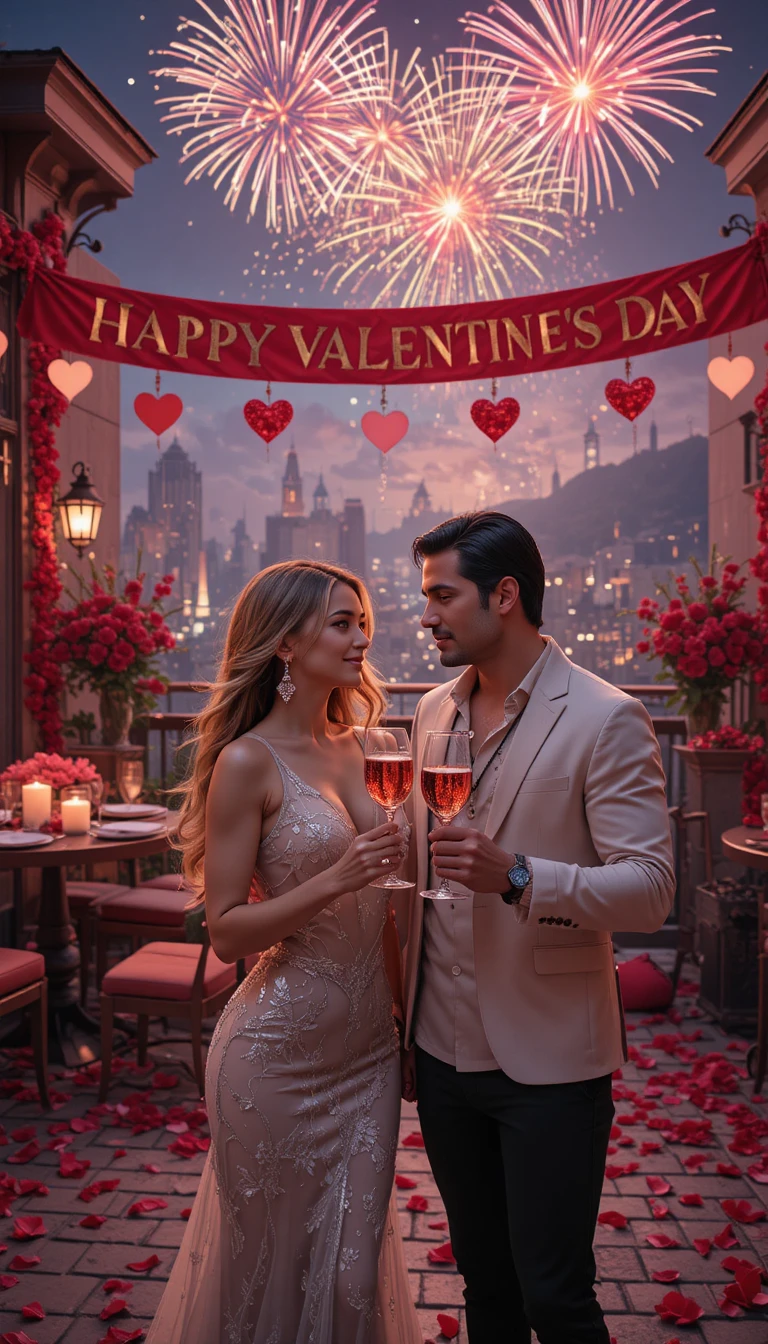 Romantic couple toasting on a rooftop valentines party