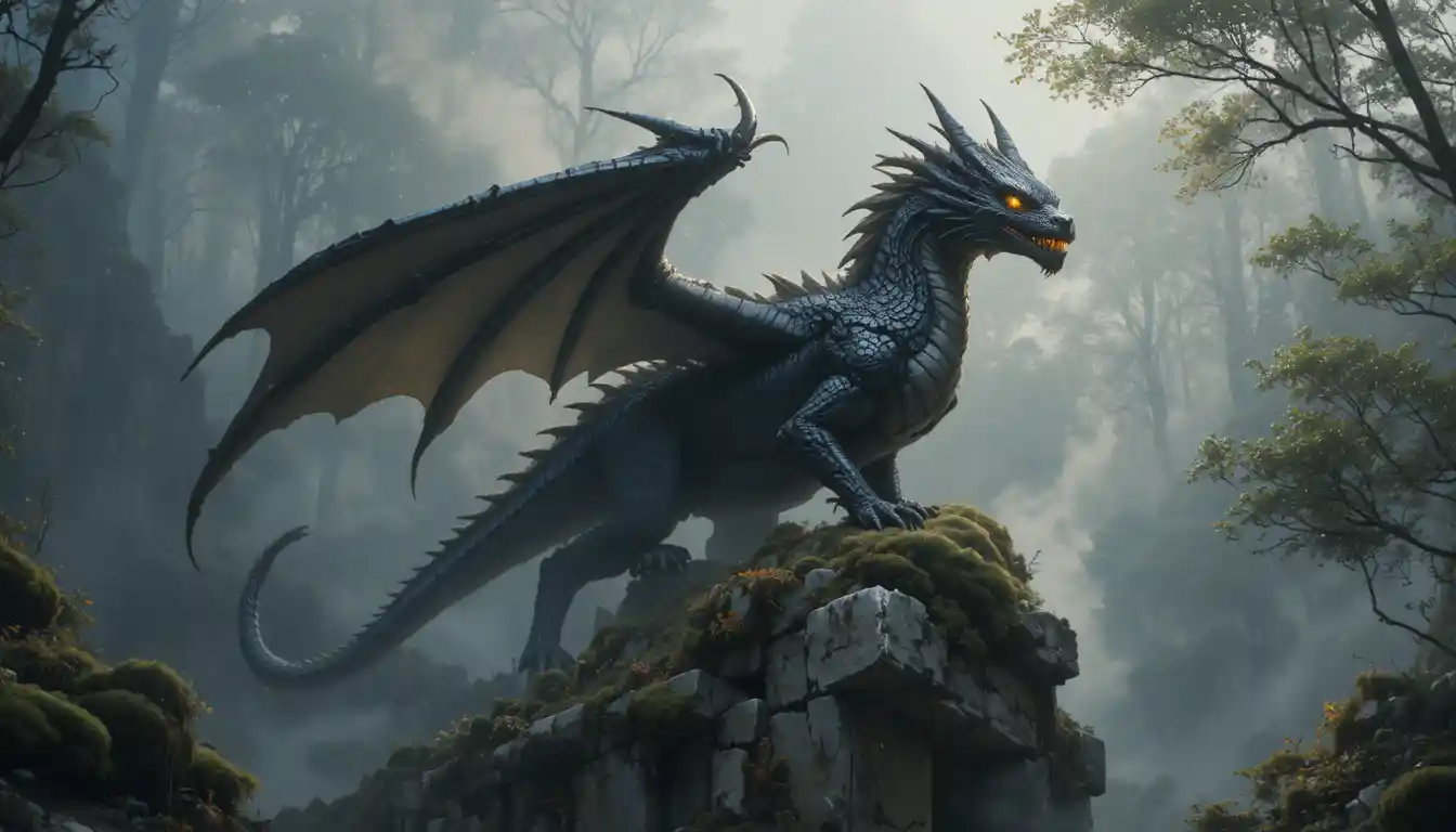 Ancient dragon guarding ruins in a glowing twilight forest