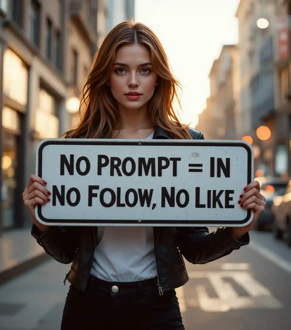 Confident woman holding bold road sign at dusk