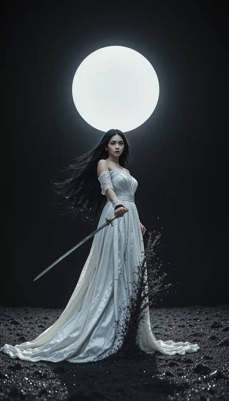 Warrior woman under a black sun in a white sky