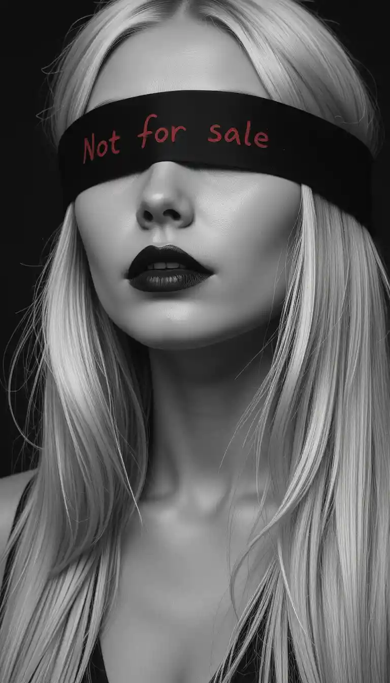 Greenlandic girl in blindfolded close up black and white portrait