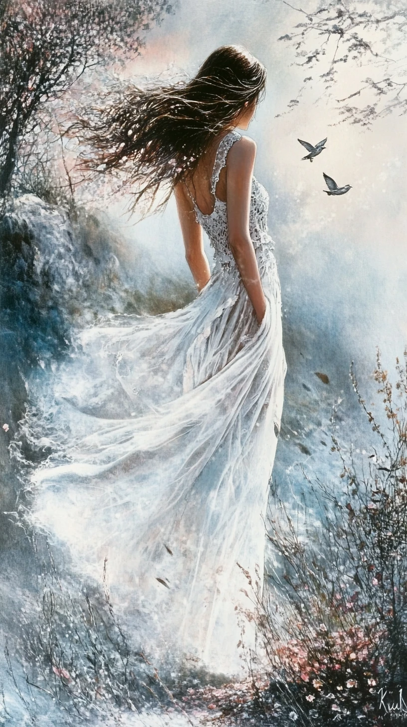 Elegant woman standing on a tranquil riverbank in profile