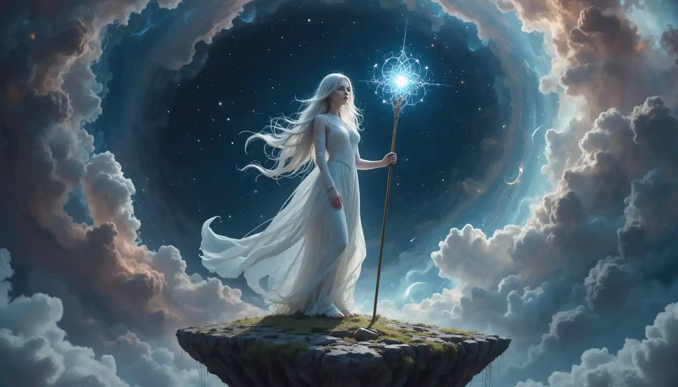 Ethereal elf woman on a floating island above nebula
