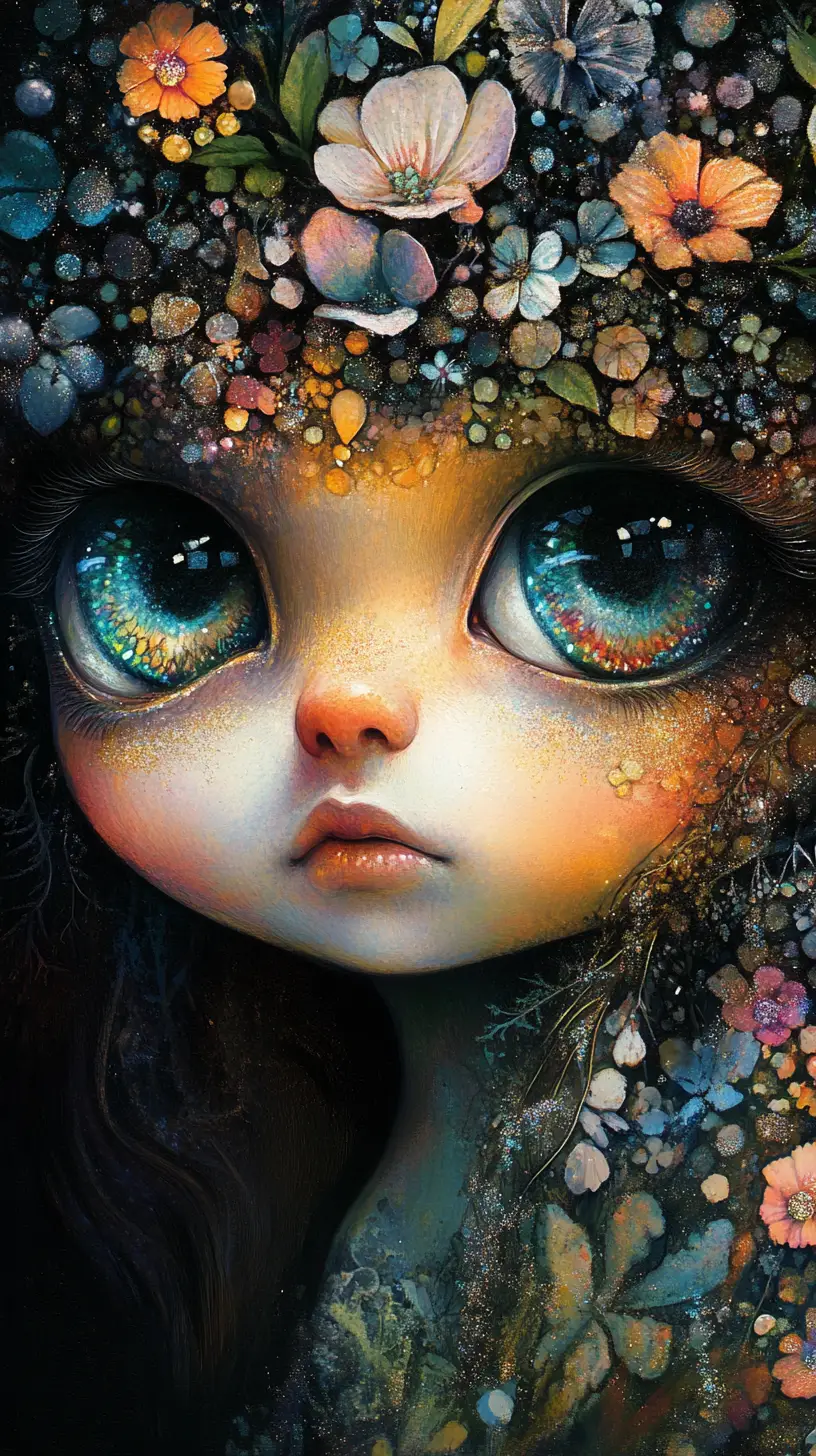 Backlit fantasy baby creature with shimmering gradient eyes