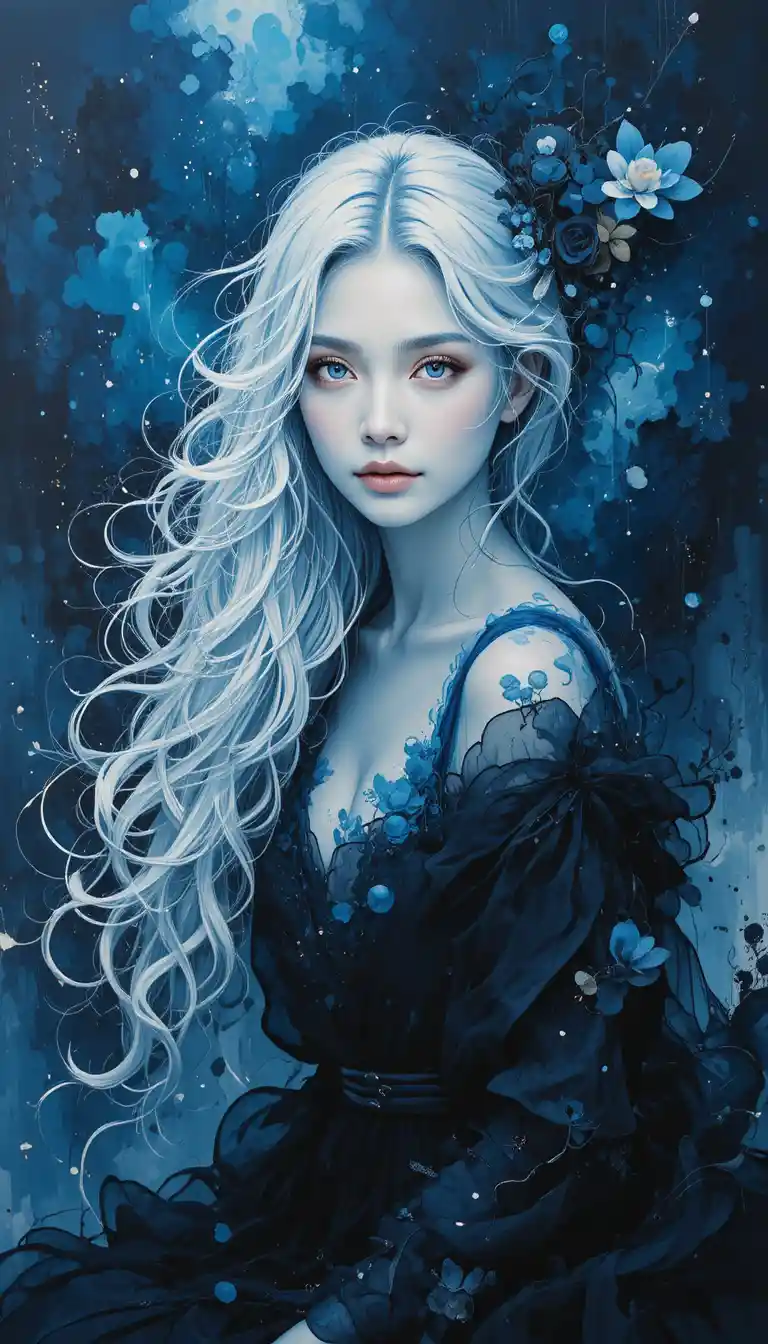 Ethereal blue woman in dark ink painting portrait