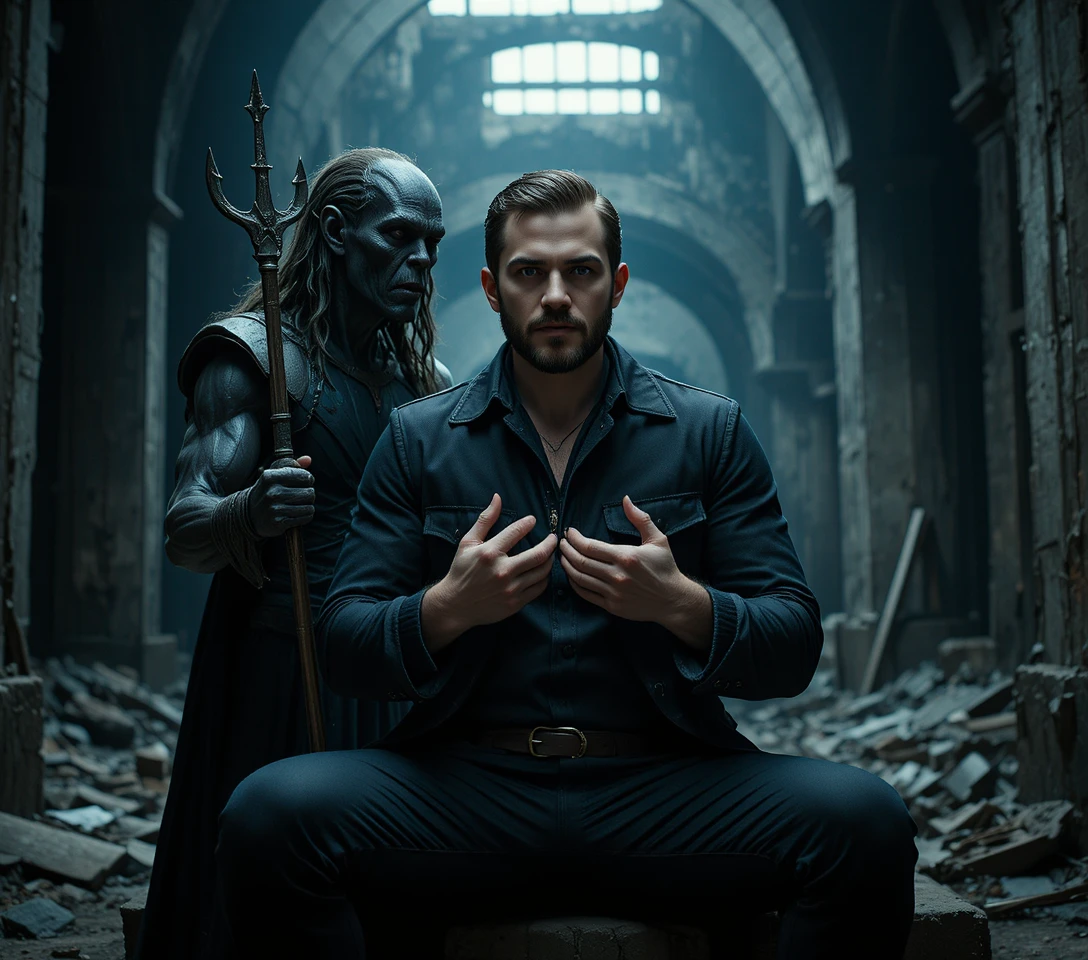 Man holding female skeleton in dark ruined interior