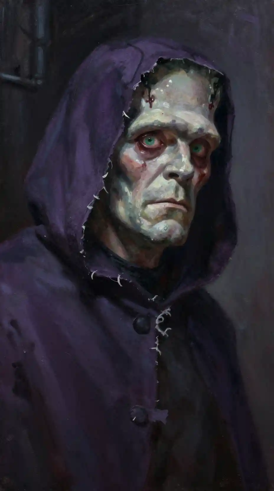 Frankenstein monster in a torn hooded cloak in shadow
