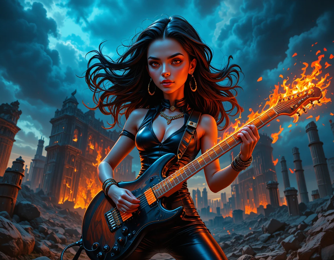 Medusa inspired rock guitarist in stormy ruined landscape