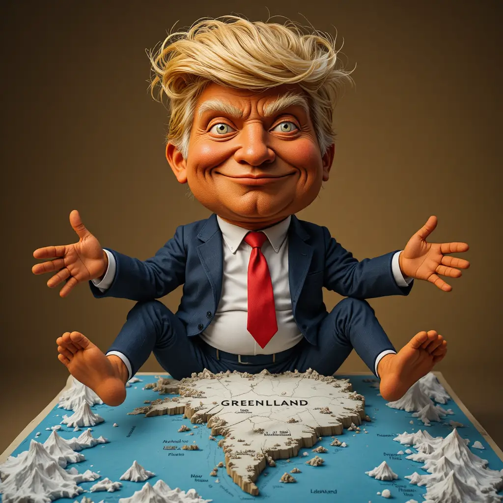 Grotesque puppet caricature sitting over a felt Greenland map