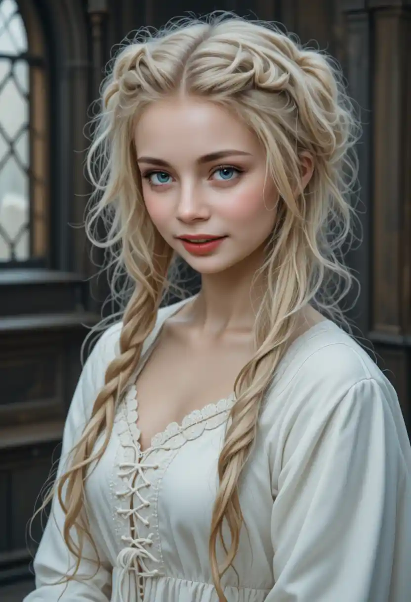 Blonde woman in white silk before a dark gothic interior