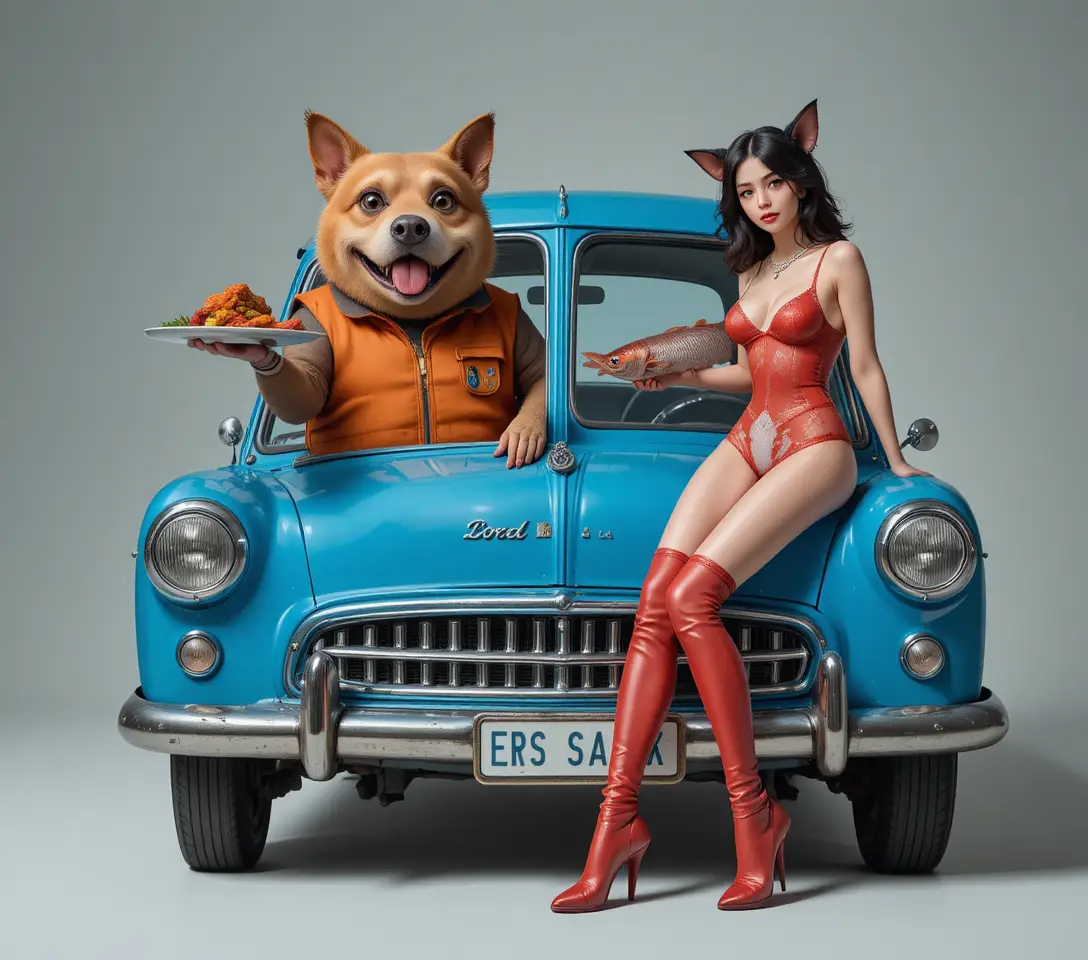 Anthropomorphic pig and cat girl with vintage blue car
