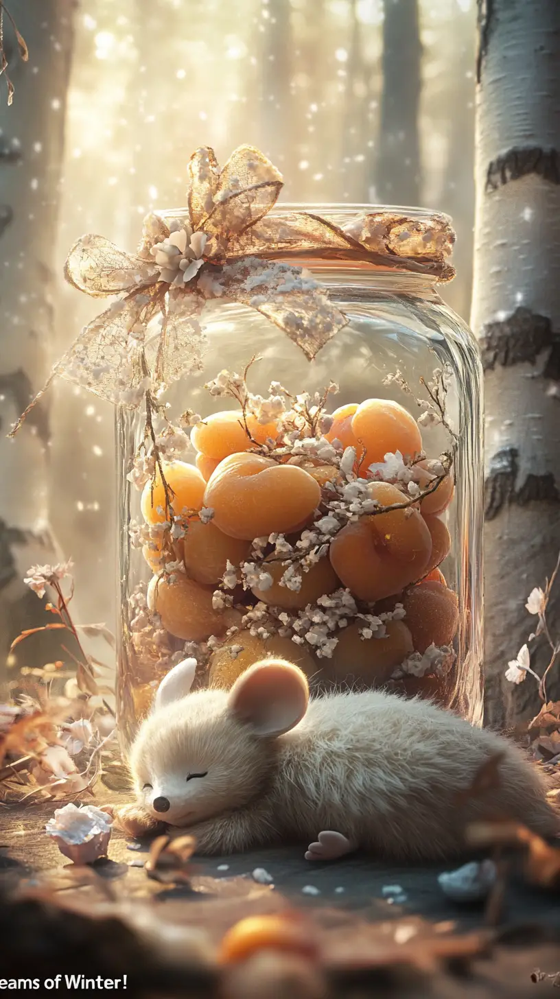 Stewed apricots in a crystal jar with sleeping mouse