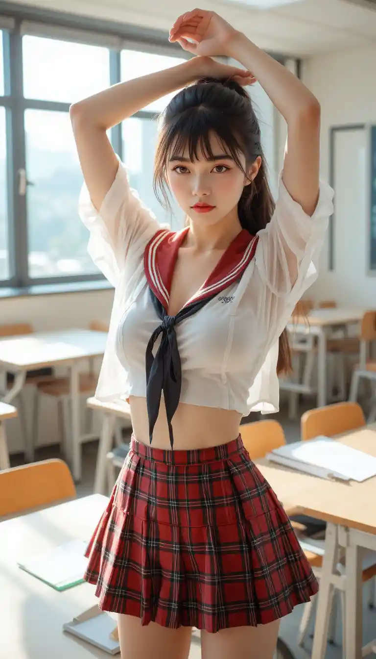 Asian woman posing confidently in a sunlit classroom
