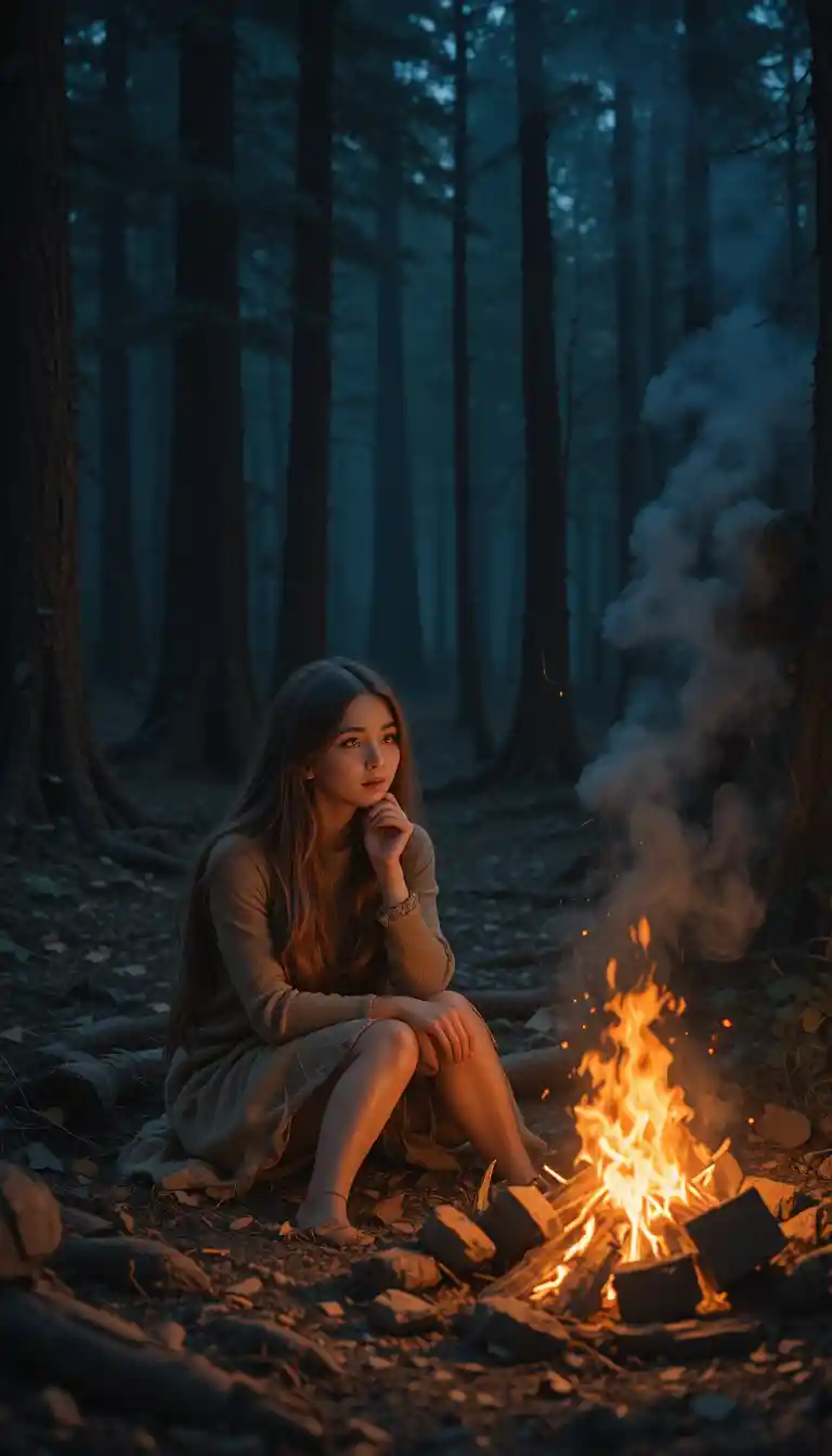 Süßes Mädchen mit langen Haaren am nächtlichen Lagerfeuer
