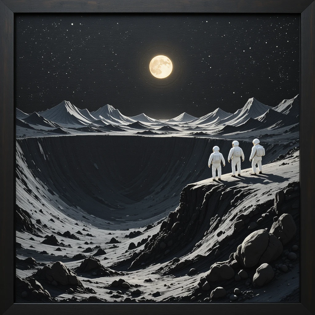 Astronautas contemplan un paisaje de cráteres lunares como tapiz de lana